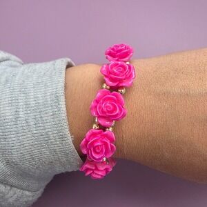 Hot Pink Resin Rose Stretch Bracelet Silver Tone Bead Floral Fuchsia Jewelry
